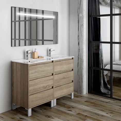 Meuble de salle de bain double vasque - 6 tiroirs - cambrian (chêne clair) - TIRIS 3C et miroir Led STAM - 120cm (1/5)