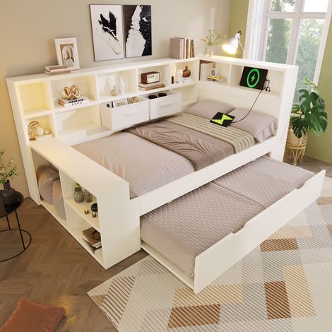 Lit simple gigogne - USB, Type-C, Rangement - 90x200 cm - Rangement et étagères - Bois - Blanc (1/5)