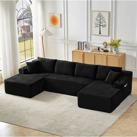 Rahmenloses modulares U-Sofa, 3 Elemente, schwarzer Cordstoff, ohne Montage OKMYHOME (1/5)