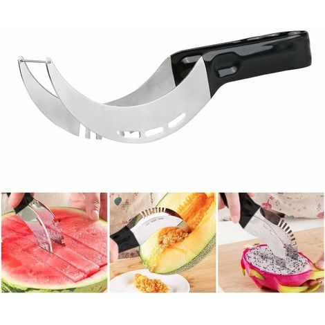 Coupe-pastèque, coupe-melon en acier inoxydable couteau à pastèque couteau à fruits en acier inoxydable pour papaye pitaya melon miel miellat (noir et argent) (1/4)