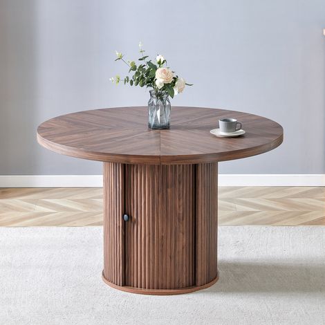 Table de salle à manger ronde avec rangement, aspect bois, 115 cm, pied central avec placard, pour 4 à 6 personnes, style scandinave moderne (1/4)