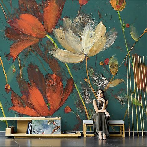 Papier peint mural autocollant à grandes fleurs, amovible, pour chambre à coucher (vert) (1/5)