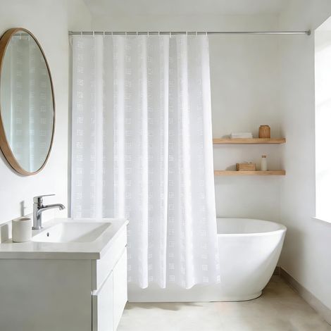 Rideau Douche Court pour la Salle de Bain, Rideau Douche Court en Polyester Blanc à Motifs géométriques, Douche avec œillets métalliques résistants aux moisissures, Largeur 180 x Hauteur 170cm (1/5)