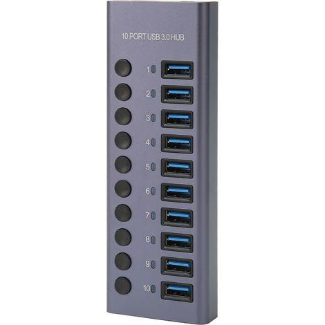Concentrateur USB 3.0 10 Ports 60W avec Interrupteurs Individuels, Coque en Alliage d'Aluminium, Adaptateur 12V 5A 100‑240V Prise UE