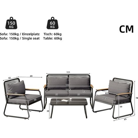 ELVMI Gartenlounge Set mit 1 Zweisitzer Sofa, 2 Sesseln, 1 Couchtisch, Kissen, Metall und Polyester, Schwarz (1/4)