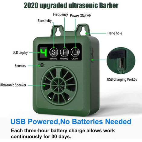 Ultraschall-Antibellgerät mit intelligenter Steuerung, 4 Empfindlichkeitsstufen, USB-aufladbar, IP45, grünes ABS (1/5)