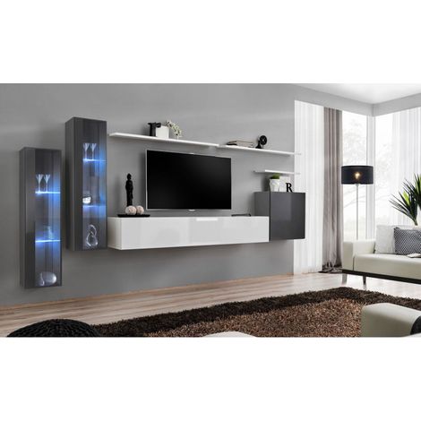 Ensemble mural - Switch XI - 2 vitrines LED - 1 banc TV - 1 vitrine carrée - 3 étagères - Blanc et graphite - Modèle 2 - Livraison gratuite