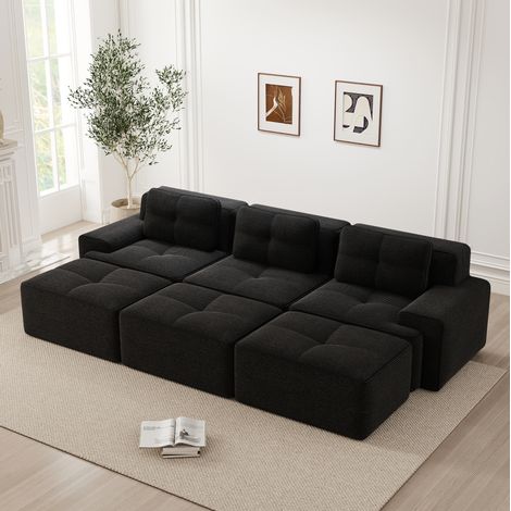 Sofá de esquina modular de 3 plazas con 3 pufs, función cama, negro HAVRYA (1/5)