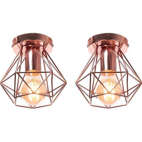 Lot de 2 Plafonnier Industriel Cage Métal Forme Diamant Lustre Suspension Luminaire Salon Couloir Doré Rose (1/5)
