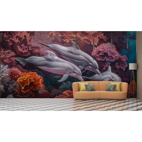 Papier peint animaux - dauphins récif corail - 150 x 250 cm (1/2)