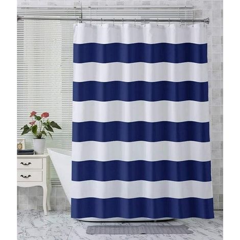 Rideau de douche rayé pour salle de bain avec 2 pierres transparentes solides, rideau de douche rayé bleu marine, 72 x 72 pouces (1/5)