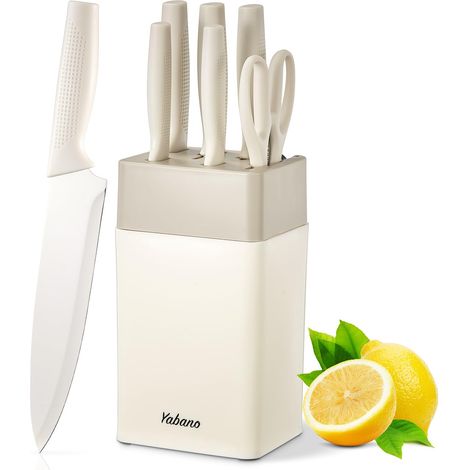 Set Couteaux Cuisine 7 Pièces avec Bloc et Aiguiseur Intégré, Bloc de Couteaux de Cuisine en Plastique, Lames en Acier Inoxydable Ultra-Tranchantes, Revêtement et Antirouille (Blanc) (1/5)