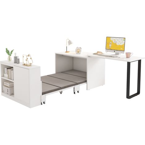 Ce bureau 2-en-1 et ce lit escamotable disposent d’une structure et de pieds de lit en métal, d’un matelas de 4 cm d’épaisseur, de roulettes, d’un meuble simple avec deux espaces de rangement, en blan (1/5)
