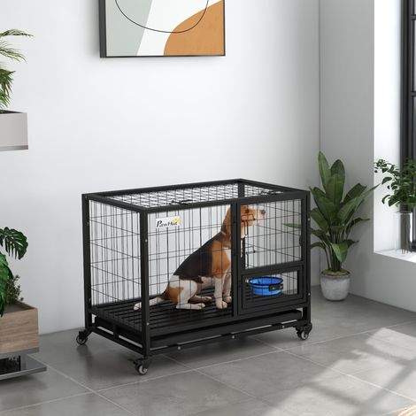 Hundebox, Transportbox auf Rädern mit Futternapfhalterung, herausnehmbarer Schale, 2 abschließbaren Türen (1/5)