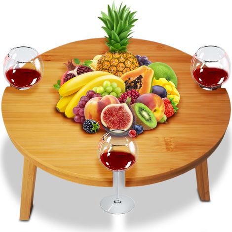 Tavolino Vassoio Aperitivo in Bambù da Esterno Gambe Pieghevoli 4 Portabicchieri