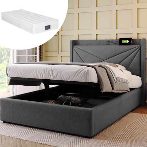 Lit simple coffre avec matelas à ressorts 406 ressorts USB Type C tête de lit géométrique en lin gris 90 x 200 cm avec sommier à lattes (1/5)