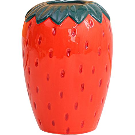 Jarrón decorativo de cerámica de 15 x 10,5 cm, rojo – Jarrón de cerámica con forma de fresa para mesa, estante o como regalo. (1/5)