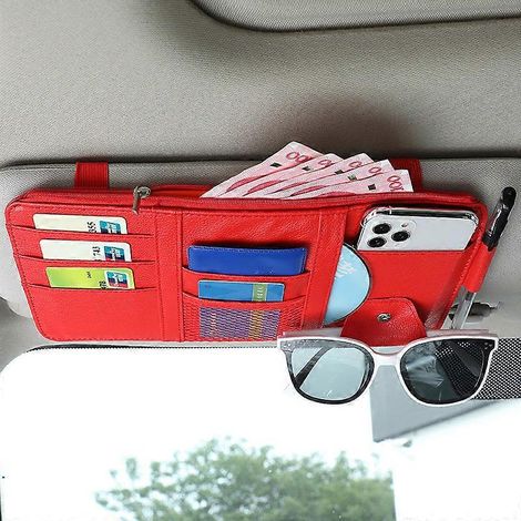 Pare-soleil de voiture, porte-cartes de visite, porte-stylo, porte-CD/DVD, boîte de rangement avec clip pour lunettes de soleil et fermeture éclair (rouge)