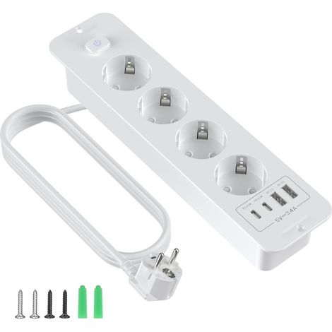 Multiprise de Table avec USB, 4 Prises encastrées avec USB-C PD20W, Prise encastrée, multiprise à Pince avec Interrupteur, câble de 2 m, Blanche, idéale pour la Maison et Le Bureau (1/5)
