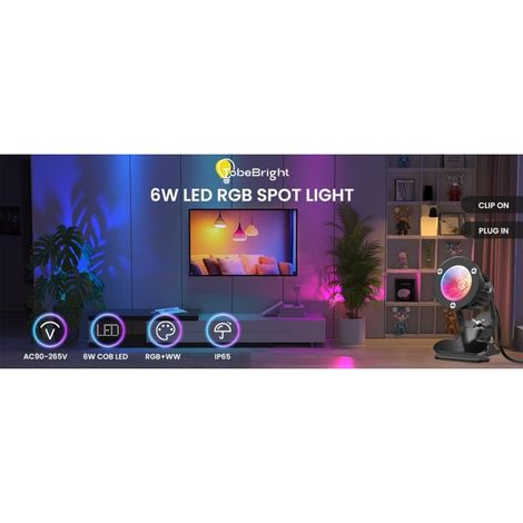 6W RGB LED clamp spotlight with remote control, 15 RGB LEDs + warm white (3000K), IP65 waterproof for indoor and outdoor use, clamp light with 1.78m cable and plug