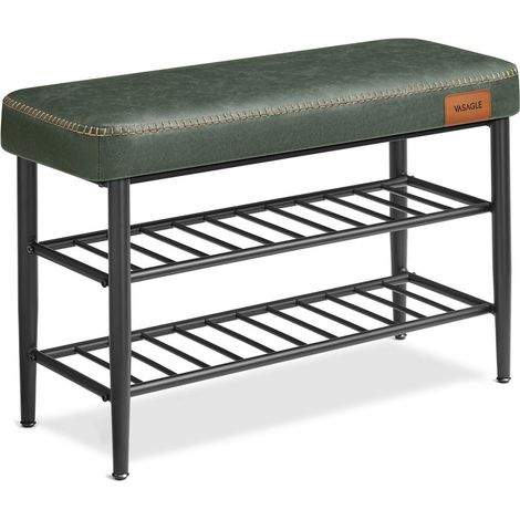 Vasagle – Banc d'entrée à chaussures – Rangement 3 niveaux – Acier, PU, mousse haute résilience 25D – Dimensions 30 x 80 x 50 cm – Charge 135 kg – Vert forêt (1/5)