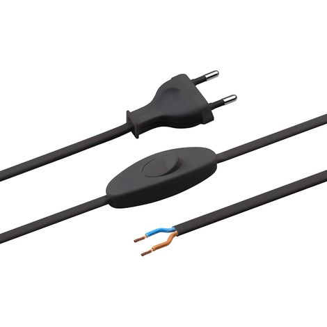 Câble d'alimentation européen avec Interrupteur, 2 m, Noir, câble en Plastique H03VVH2-F2X0,75, 2 Fils, IP20, câble de raccordement européen, matériel d'installation (1/5)