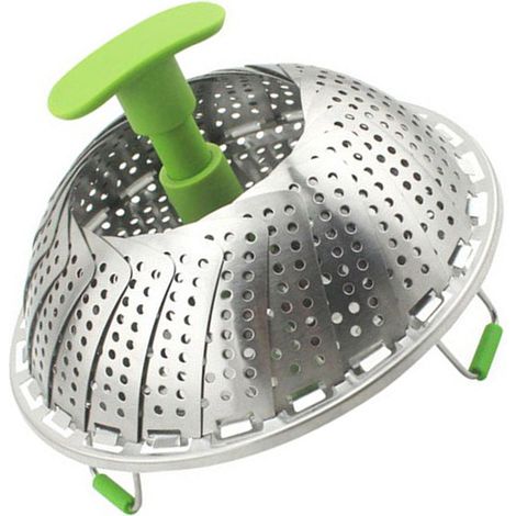 Panier vapeur pliable en acier inoxydable avec poignée en ABS pour la cuisson à la vapeur des légumes, poissons et fruits de mer. (1/5)