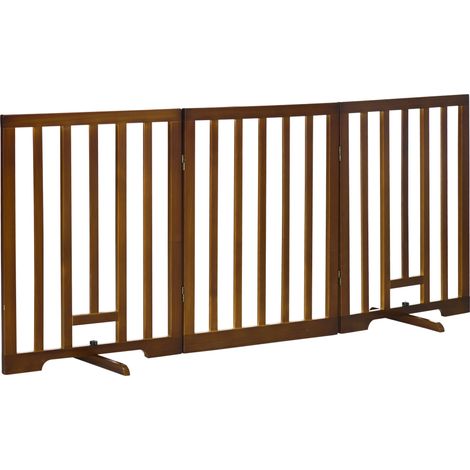 Barrière de sécurité pliable à 3 panneaux pour chien avec pieds antidérapants, idéale pour les couloirs, les escaliers et les chambres. En pin, elle mesure 181 x 35 x 76 cm et est disponible en marron