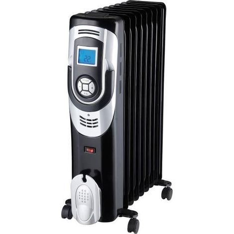 Radiateur bain d'huile 2000W – Thermostat électronique – 2 allures de chauffe – Programmation 1 à 24h – Dimensions 42,5 x 24 x 62,5 cm – Noir et chrome – Dx Drexon