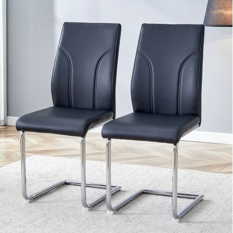 Sedia da pranzo classica in PU nero e metallo argentato, stile moderno, facile da pulire,40.6×40×95cm (1/5)