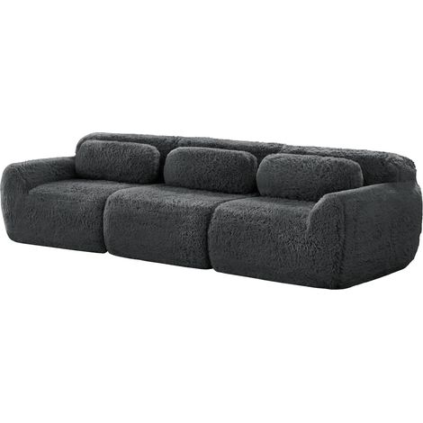 Niedriges 3-Sitzer-Modulsofa aus Plüschstoff, grau, mit Kissen, 291 x 104 x 73 cm (1/5)