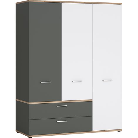 Kleiderschrank 3-türig in Eiche Nb. mit weiß und grau TOMAR-129, B/H/T ca. 150/196/60 cm (1/5)