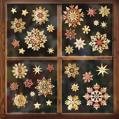 CCYKXA Snowflake Window Sticker, Reusable Christmas Window Cling, Electrostatic PVC Christmas Window Sticker, Gold Snowflake Interior Decoration for Door, Shop Window, Glass