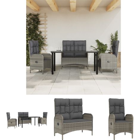 Terrassenbank - vidaXL 4-tlg. Garten-Essgruppe mit Kissen Grau Poly Rattan - Terrassenstuhl (1/5)
