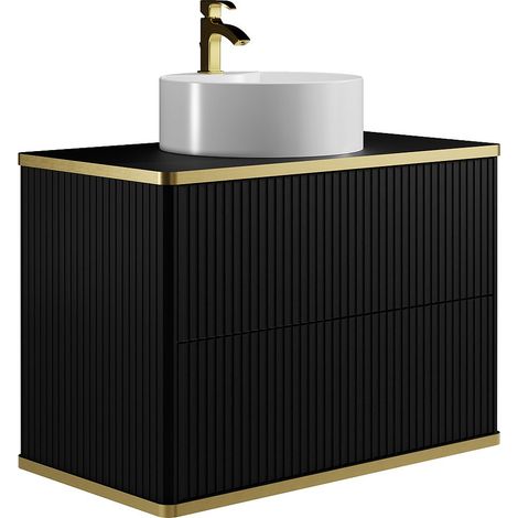 Vente-Unique – Meuble lave-mains suspendu noir 80 cm – Vasque ronde en céramique – 2 tiroirs avec ouverture push to open – Finition striée dorée (1/4)