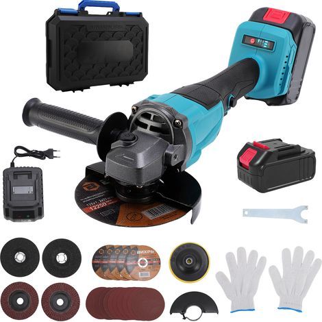 125mm cordless angle grinder kit, 2 x 3000mAh 21V batteries, 9000 RPM, includes 10 accessories, flap sander for cutting and grinding (1/5)