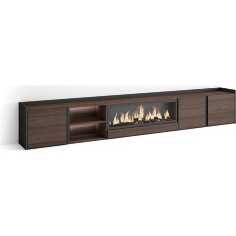 Mueble TV Arriate-02 de 315x50x35 cm con chimenea y luces LED, color roble oscuro y negro (1/4)