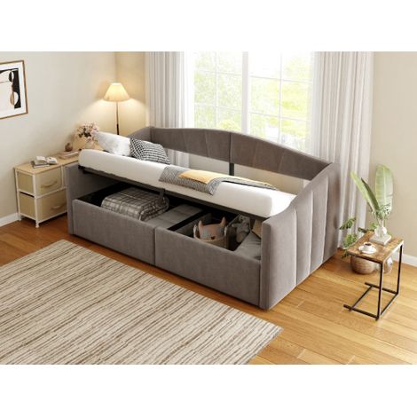 Polsterbett Sofabett, Mit hydraulischer Lagerung, Mit Lattenrost und Armlehnen, Klassisch Gestreift, Multifunktionales Einzelbett, Hautfreundlicher Samtstoff