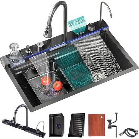 Évier de cuisine à comptoir en acier inoxydable 304 Gris Évier de cuisine profond à une cuve avec cascade Robinet à tirer et planche à découper& Accessoires d'évier complets (75x45x22CM)