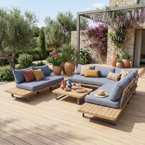 Salon de jardin d'angle bois d'acacia et aluminium 7 places gris - Acalia Latika (1/5)