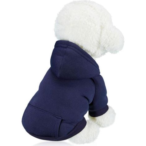 One-piece winter dog hoodie, thermal fleece sweater for small dogs with pockets, cotton dog coat, puppy clothing set (L) - Navy blue
