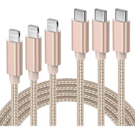 Lot de 3 Câble USB C vers Lightning MFi Certifié 123M, Chargeur Rapide pour iPhone 12 13 Mini 11 Pro X XR XS Max 8 iPad Pro 2018 Air 2019, Fil C-Lightning Nylon Or (1/5)