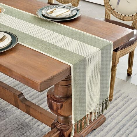 Runner da tavola - 33 x 183 cm - Runner da tavola in stile rustico - Verde - Cotone e lino - Ideale per decorare un tavolo durante una festa o una cena - Elegante decorazione da posizionare su una tov (1/4)