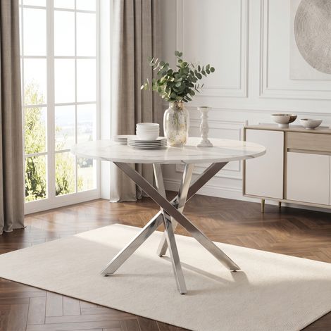 Table à manger ronde 80 cm plateau effet marbre pieds chromés argentés table de cuisine moderne 80x80x75cm (1/5)