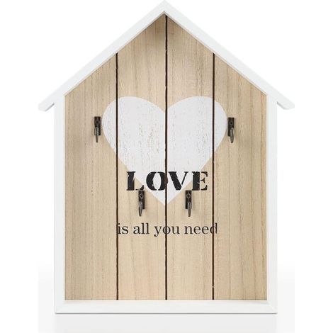 Boîte à clés en Bois, 29.5 21.5 3.5cm, Armoire à Clés Murale Décorative, Porte Clé Mural avec 6 Crochets pour Maison, Blanc, Love Modèle (1/5)