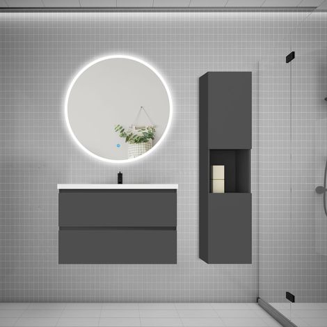 AICA Ensemble meuble vasque L.79cm 2 tiroirs + lavabo + LED miroir rond 90cm + colonne,anthracite