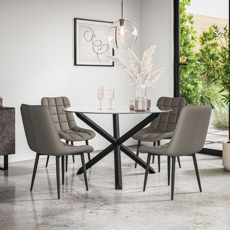 Malvern Round Dining Table And Chairs - Clear Glass Table Top w Solid Black Oak Legs + Nova Faux Leather Dining Chair Set Of 4 (Grey) (1/5)