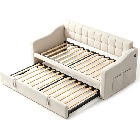 Polsterbett Schlafsofa aus Samt Beige, ausziehbar 90/180 x 190 cm, mit Ladeports (1/5)