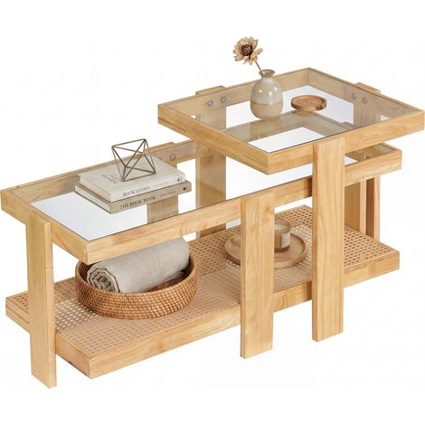 Lot de 2 Tables Basses Gigognes, Table Basse Rectangulaire 2 Niveaux Style Bohème en Rotin PE avec Plateau en Verre Trempé, Cadre en Bois d'Hévéa (1/5)