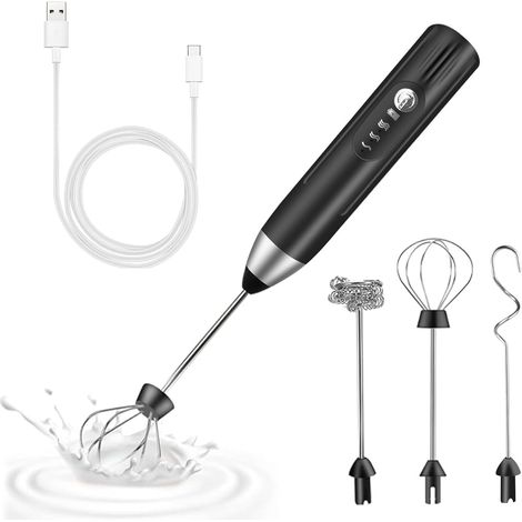 Mousseur à lait électrique à tige avec 3 têtes, mousseur à lait rechargeable par USB, 3 vitesses réglables, mini-fouet en acier inoxydable pour matcha latte, cappuccino, mixeur à café à tige (1/5)